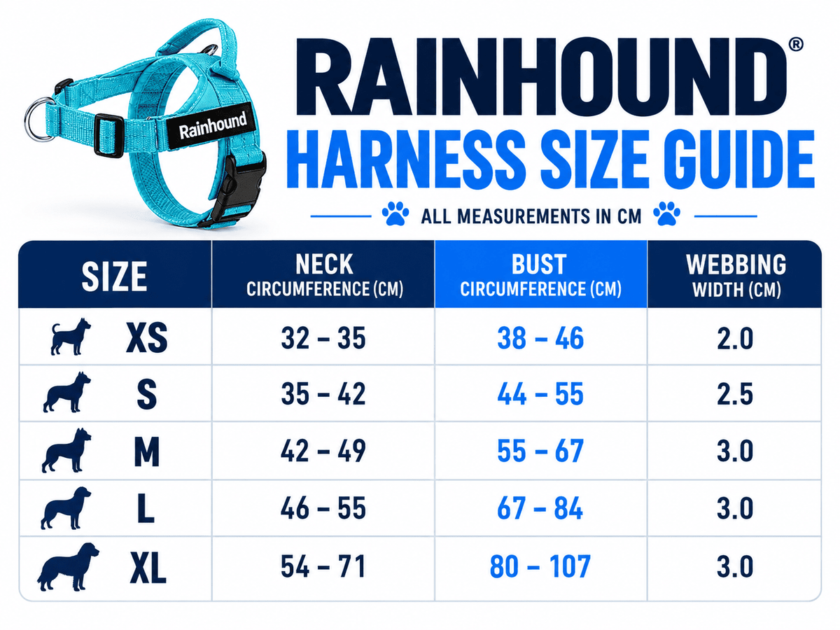 Harness size chart: neck and chest measurements in centimetres for XS to XL