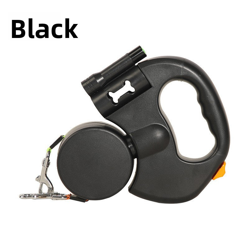 Black Rainhound Double Retractable Lead with twin reels, torch and bone-shaped bag dispenser