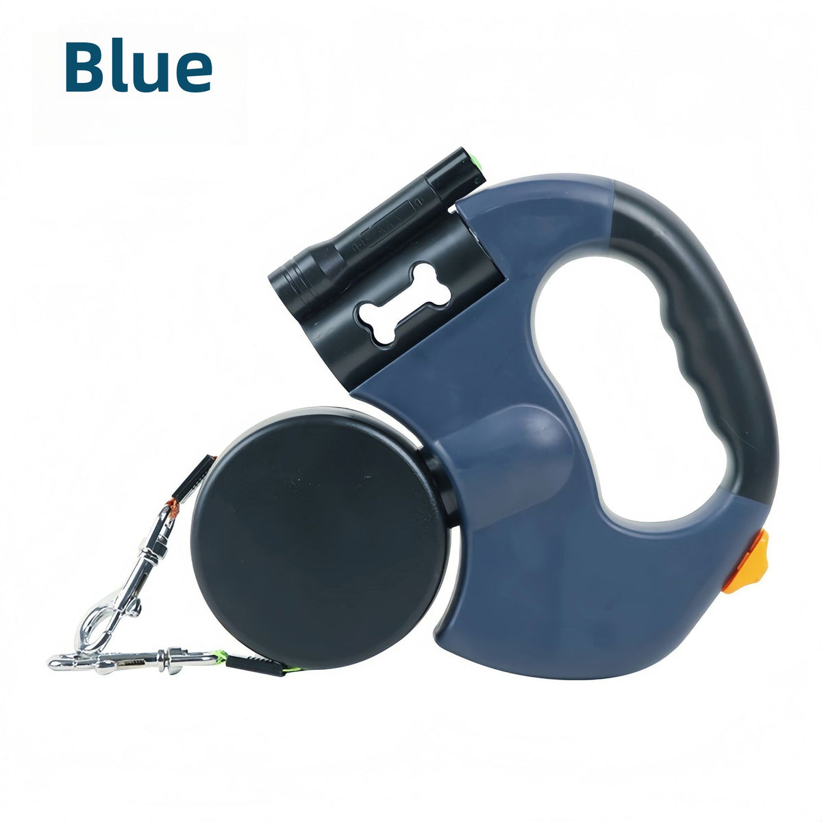 Blue Rainhound Double Retractable Lead with twin reels, torch and bone-shaped bag dispenser