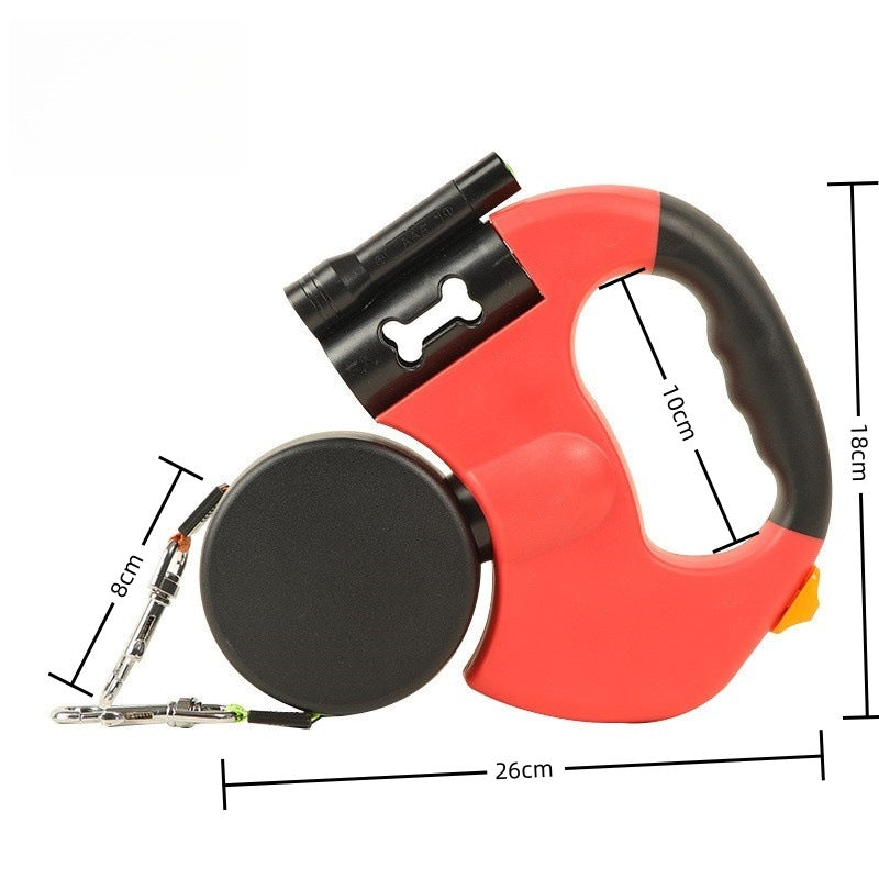 Red Rainhound Double Retractable Lead with dimensions: 26cm long, 18cm high, 10cm grip