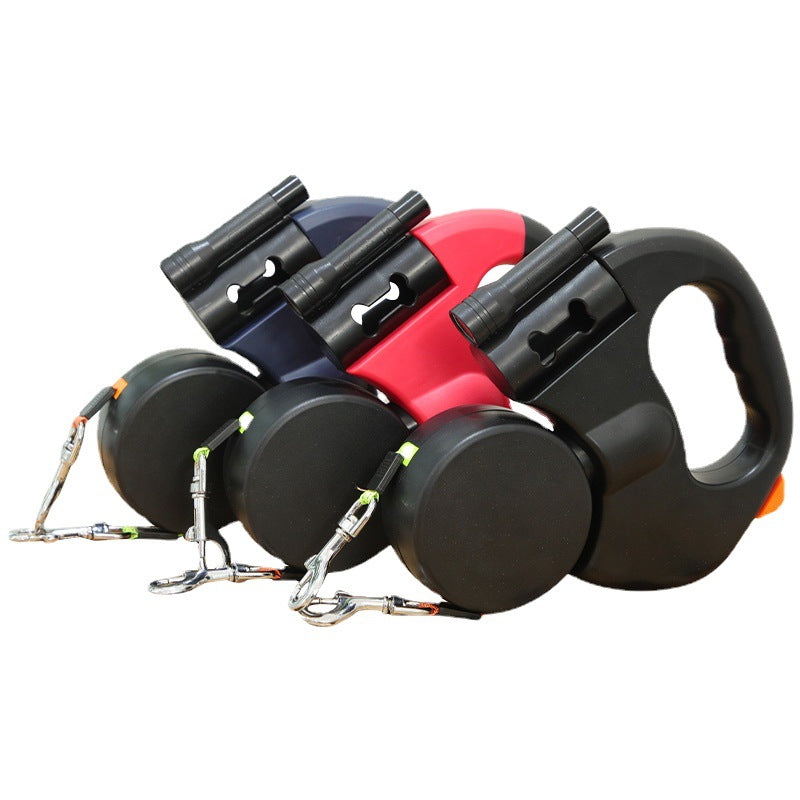 Rainhound Double Retractable Lead in blue, red and black, with torch and bag holder
