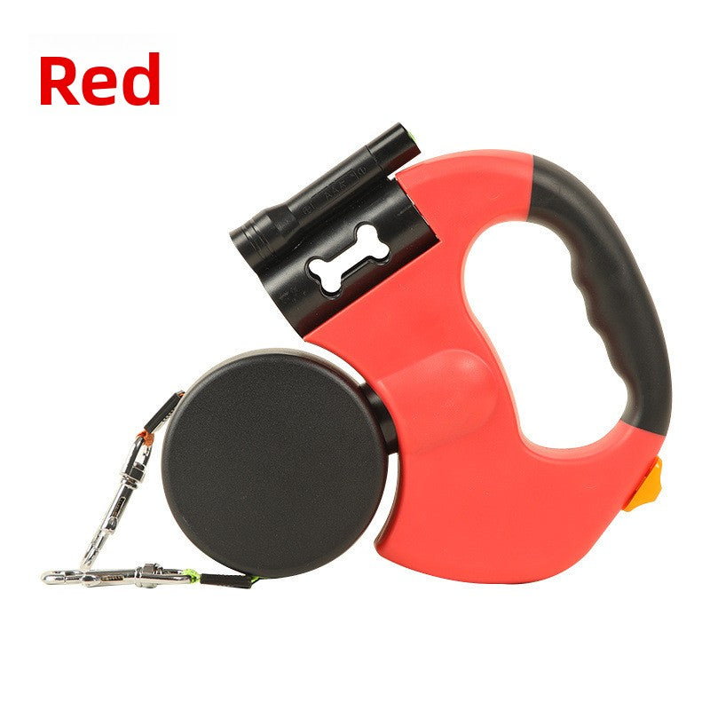 Red Rainhound Double Retractable Lead with twin reels, torch and bone-shaped bag dispenser