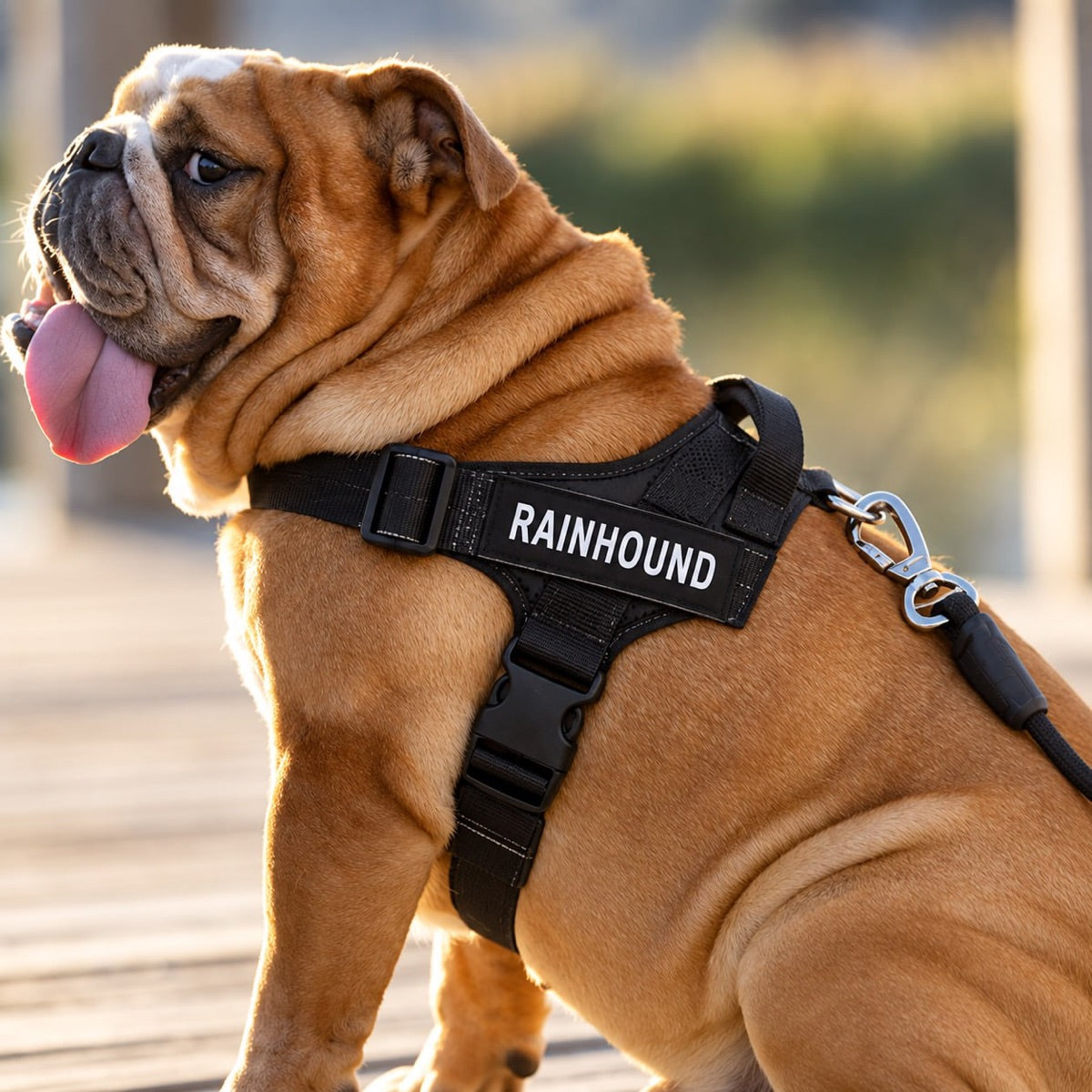 Bulldog wearing a black padded harness