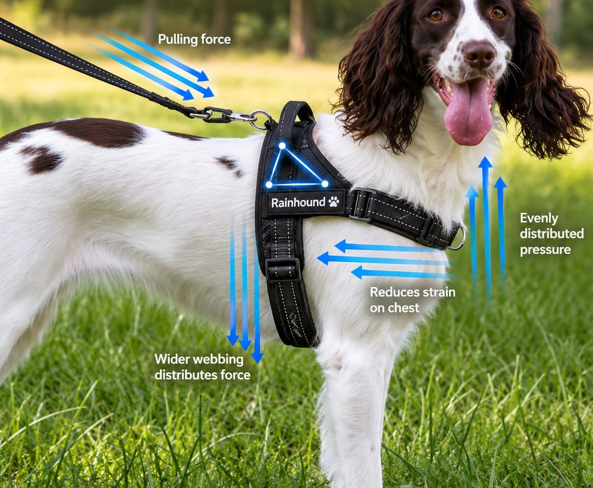 Arrows showing the pull spread across the chest and sides by the wide webbing