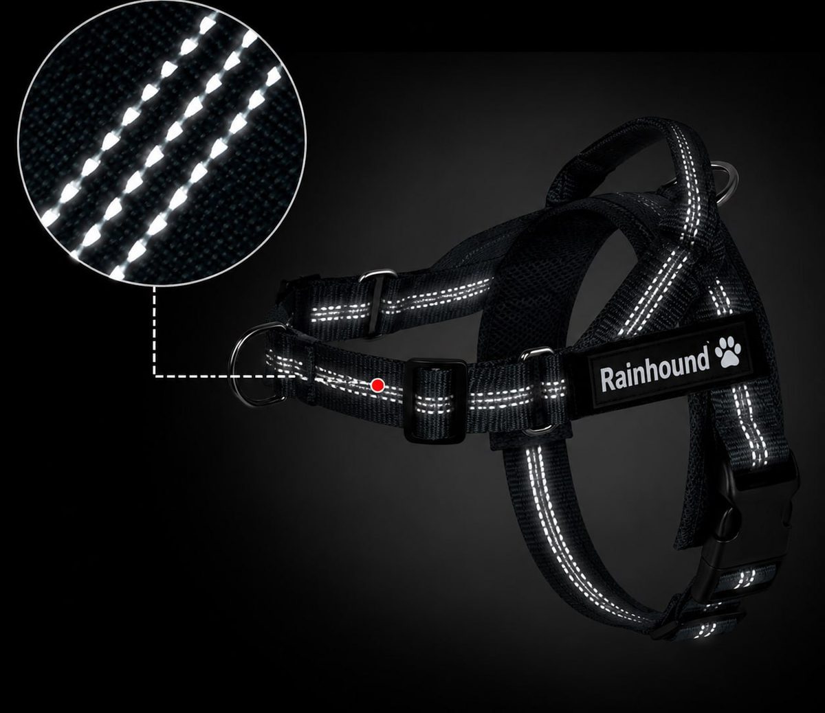 Close-up of the black harness at night, its reflective stitching lit up